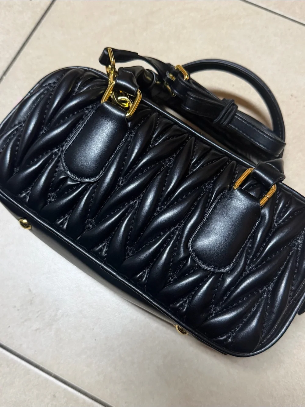 Miu Miu Black Quilted Leather Satchel with Gold Hardware